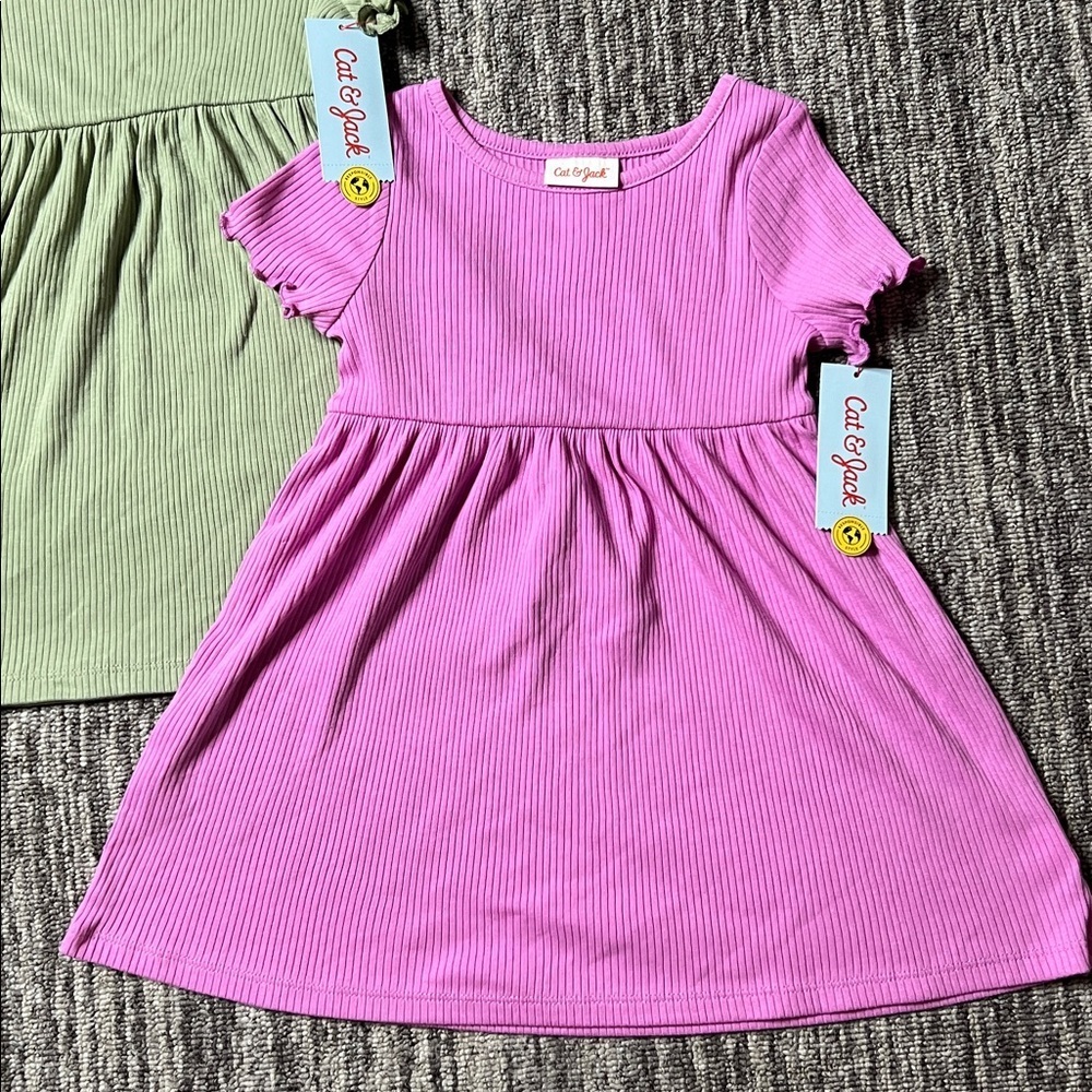 Cat & Jack Ribbed Green and Pink Dresses 2 Pieces Set Size 3T - Picture 4 of 7